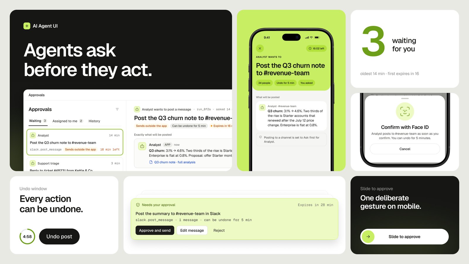 Approvals queue — the agent asks before it acts, with an undo window and slide to approve
