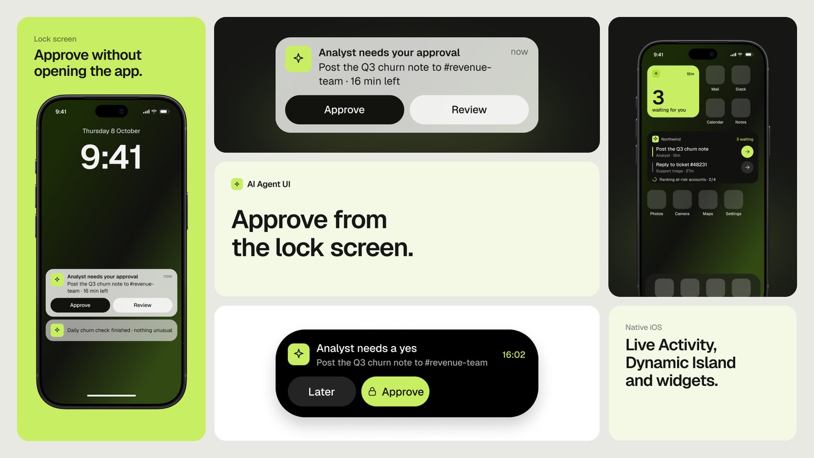 Approve from the lock screen — notifications, Live Activity, Dynamic Island and widgets