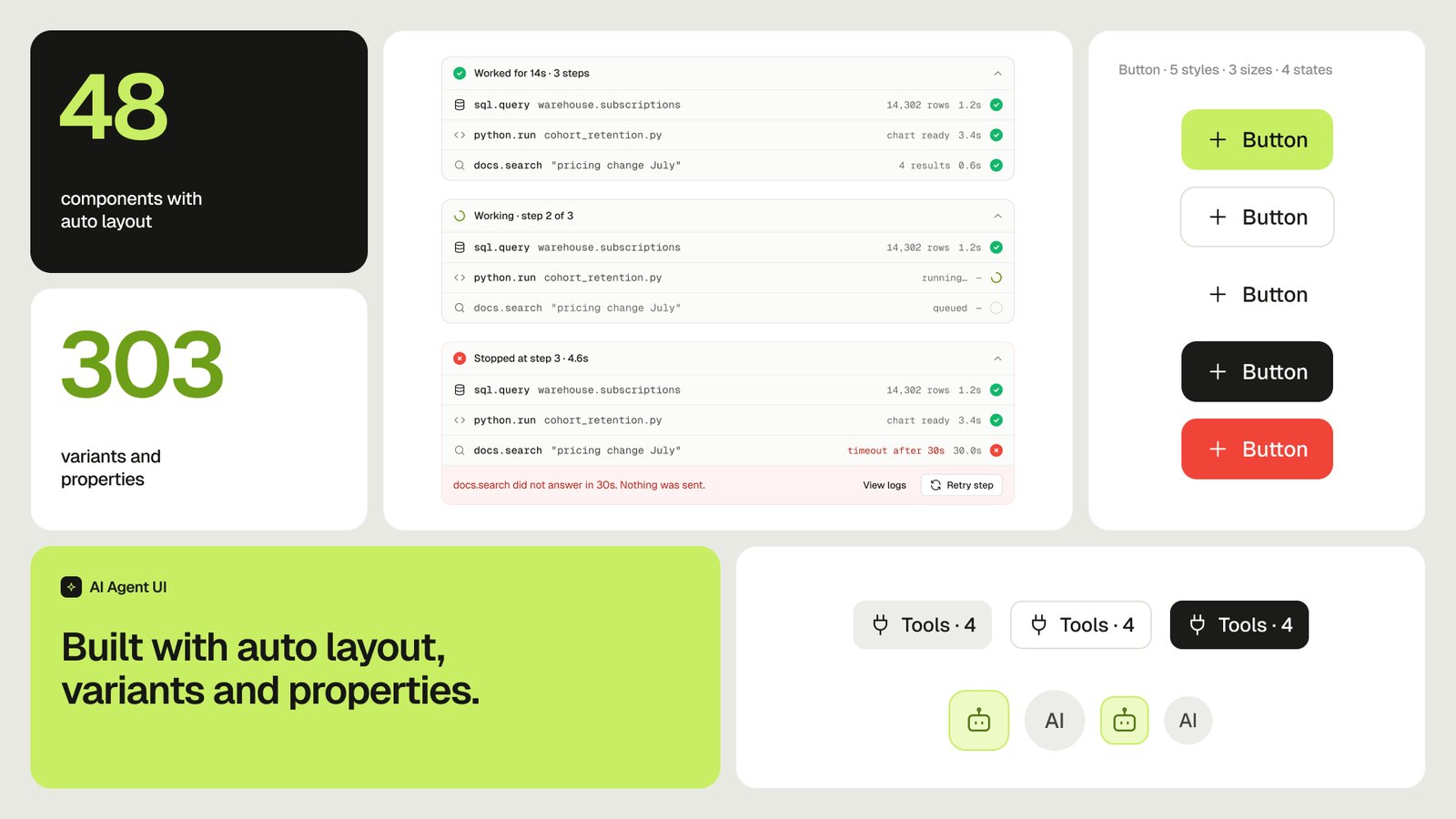 Components — agent steps in every state, buttons, chips and avatars