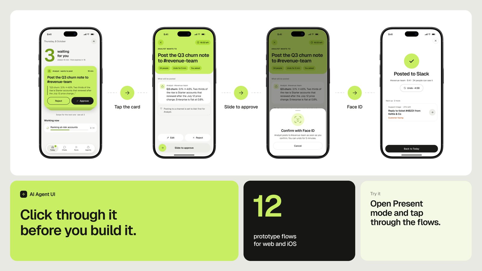The core flow on iOS — tap the card, slide to approve, confirm with Face ID, undo for five minutes