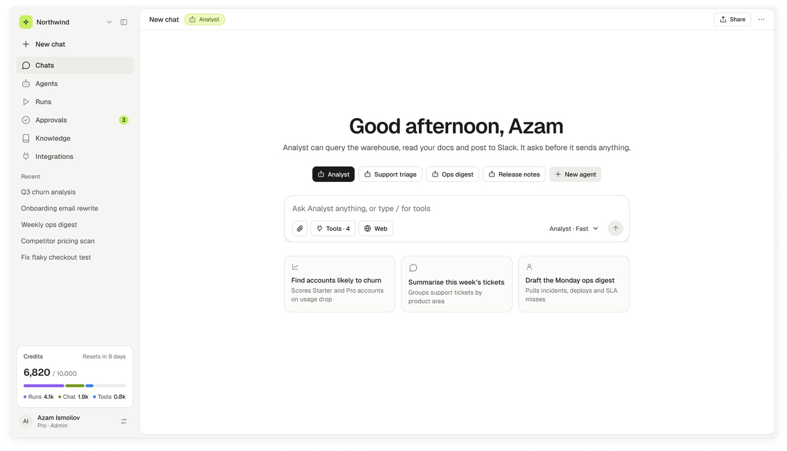 New chat — the agent says what it can do and that it asks before sending anything