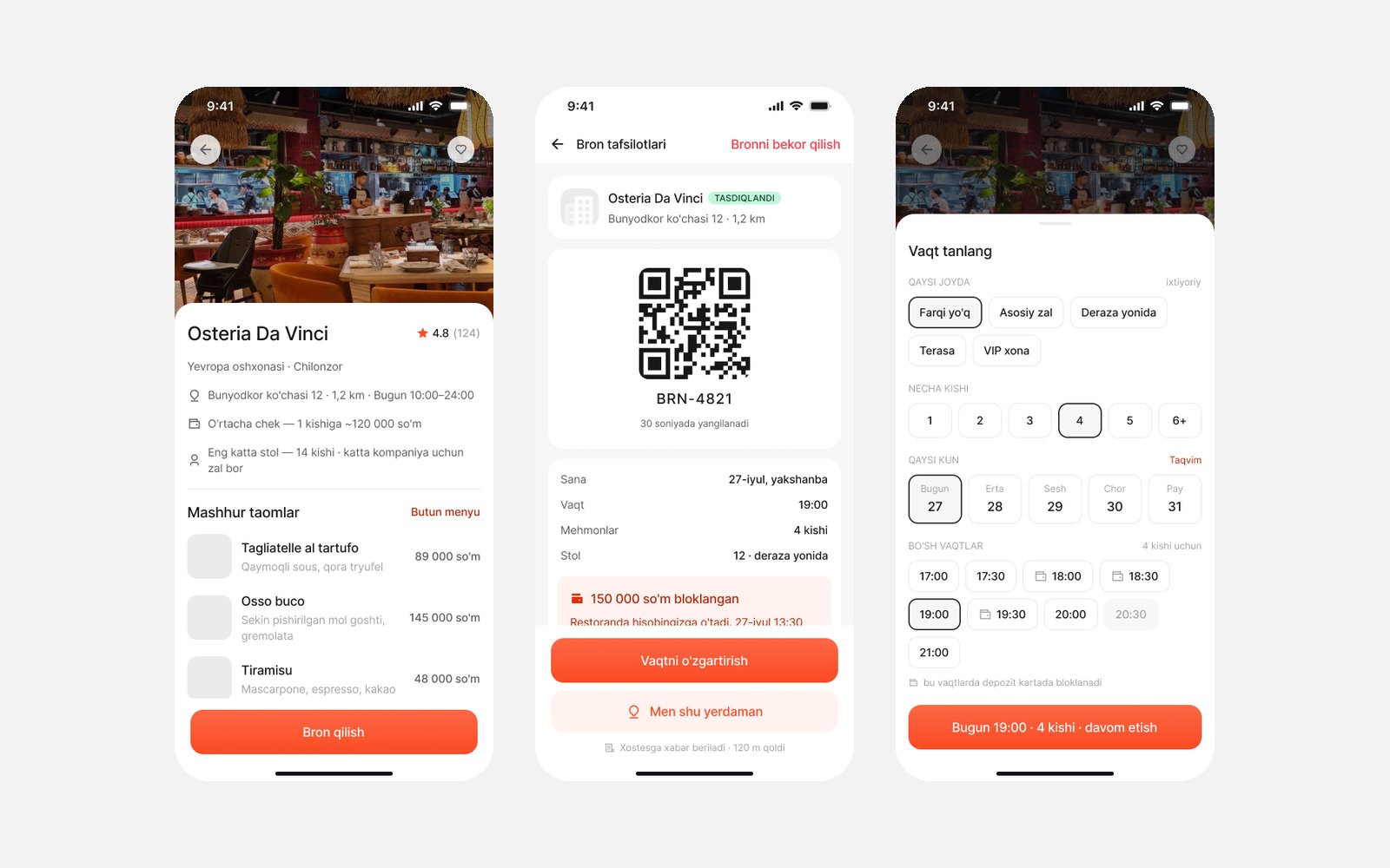 Client app — venue page, booking details with QR, and time selection