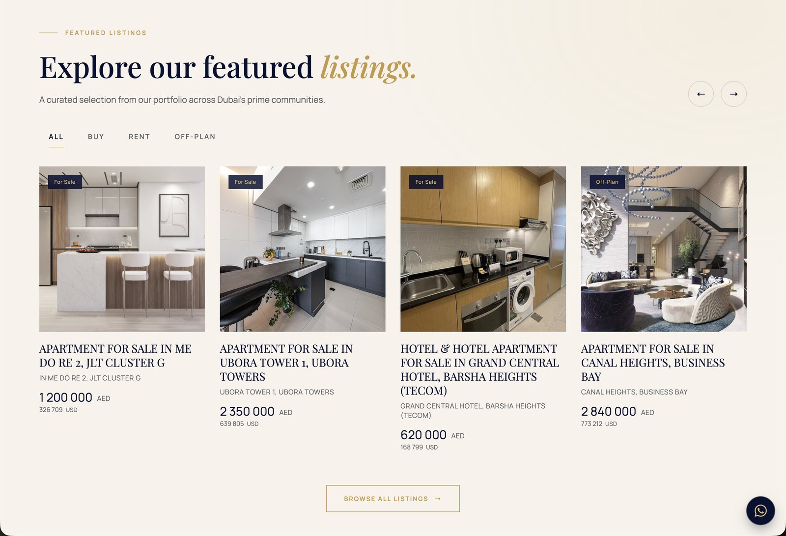 Featured listings with live AED/USD pricing