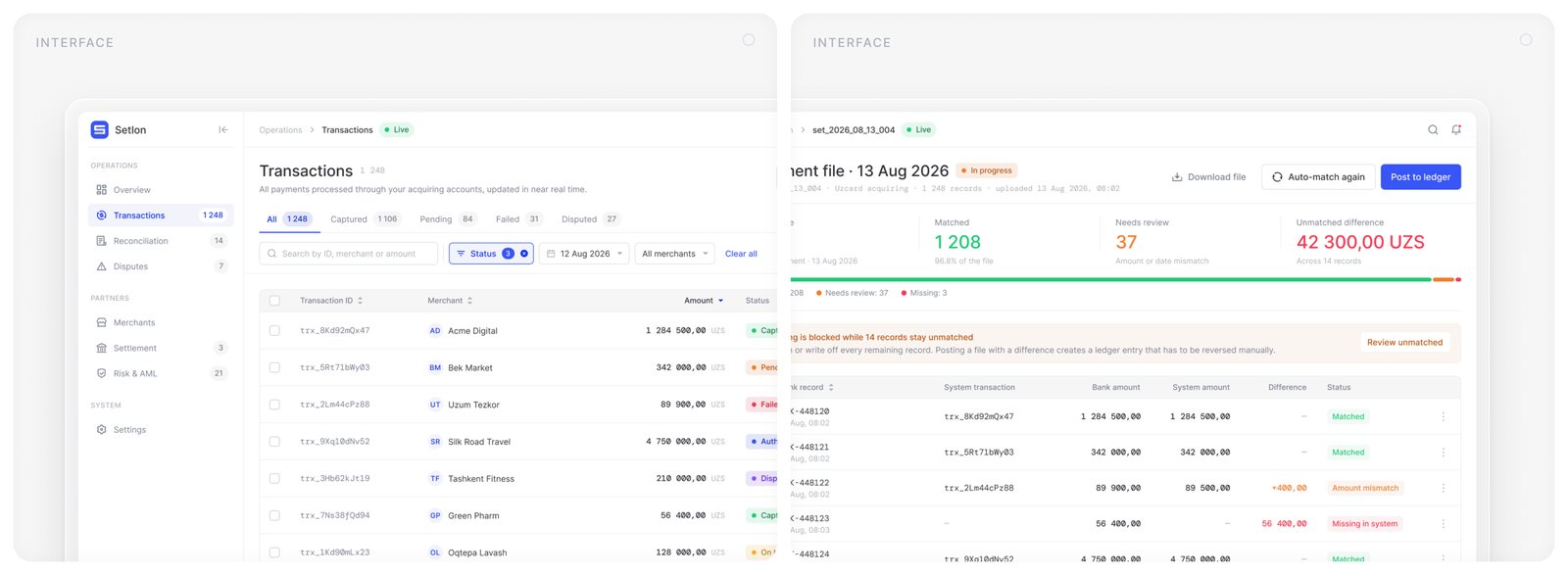 Transactions and settlement-file reconciliation screens