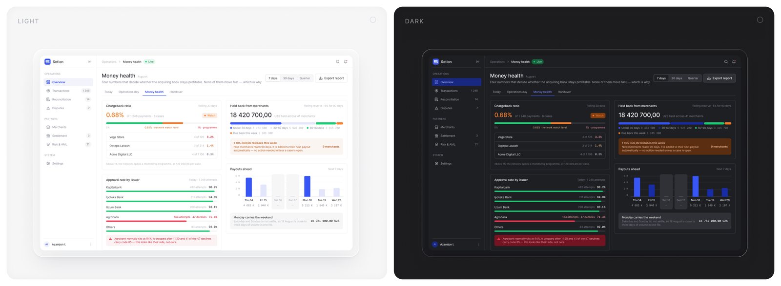 Light and dark — the same screen, driven by tokens