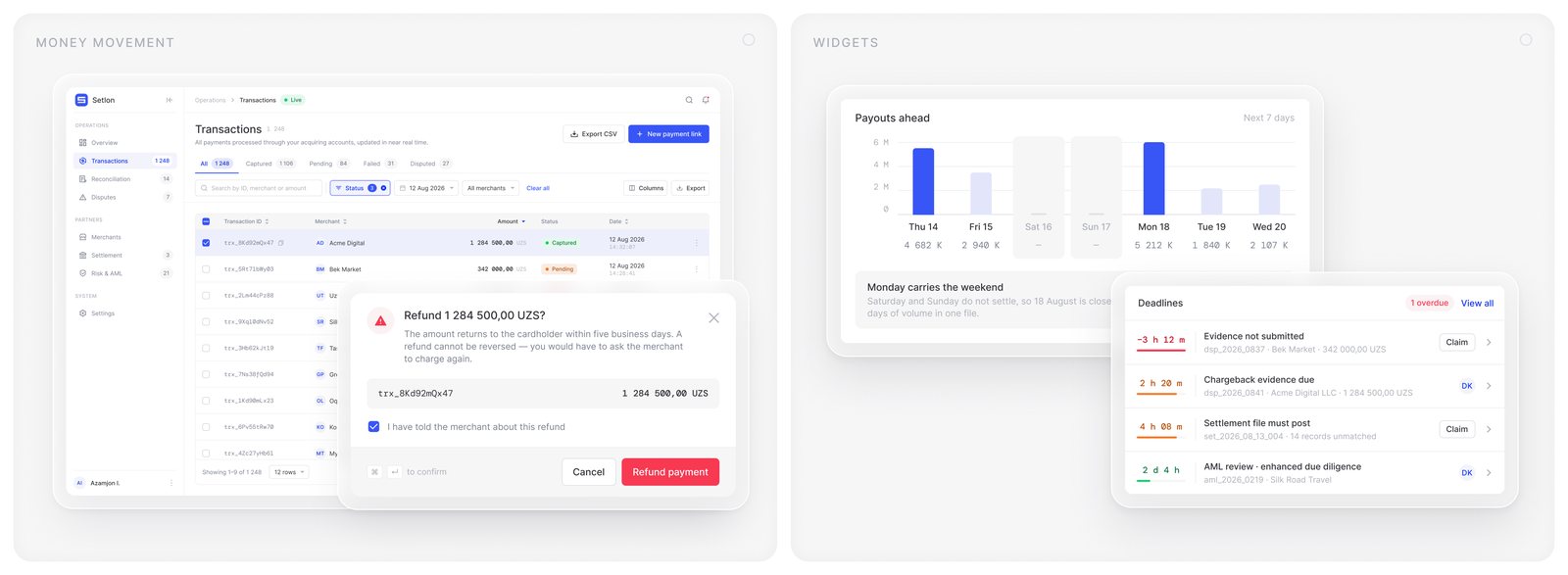 Refund flow and operational widgets — payouts ahead, deadlines