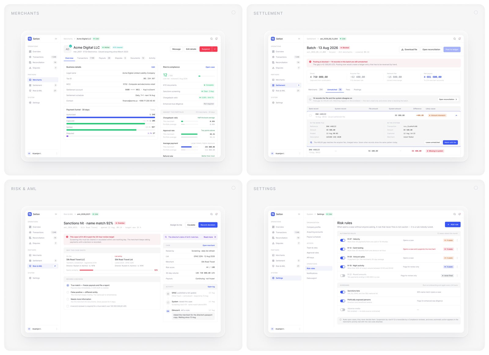 Merchants, settlement, risk & AML and settings modules